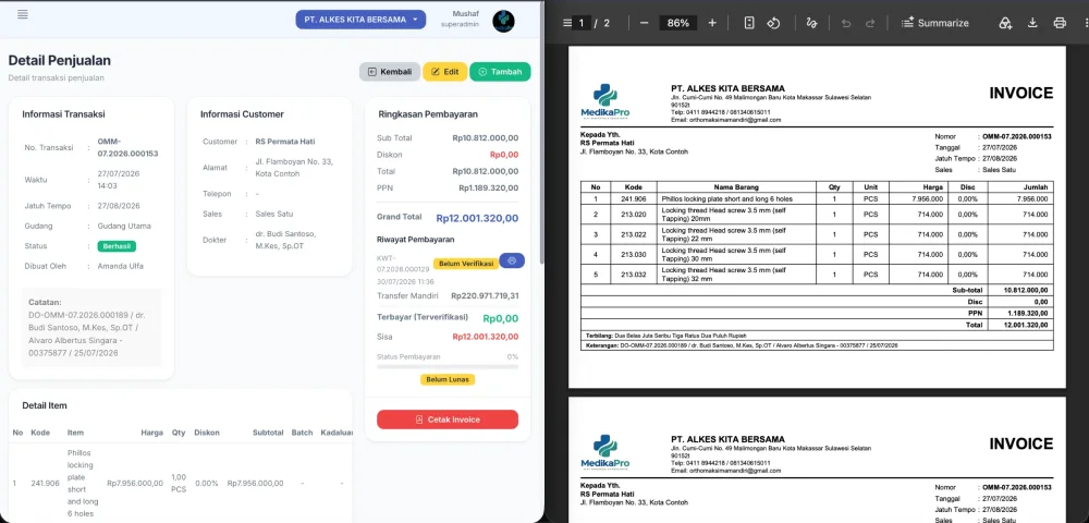 Invoice penjualan item, diskon, PPN, dan status pembayaran