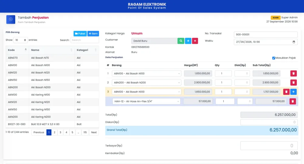 Form penjualan dengan pilihan kategori harga dan paket