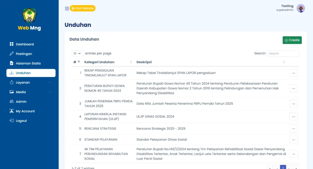 Pusat unduhan - tabel dokumen per kategori