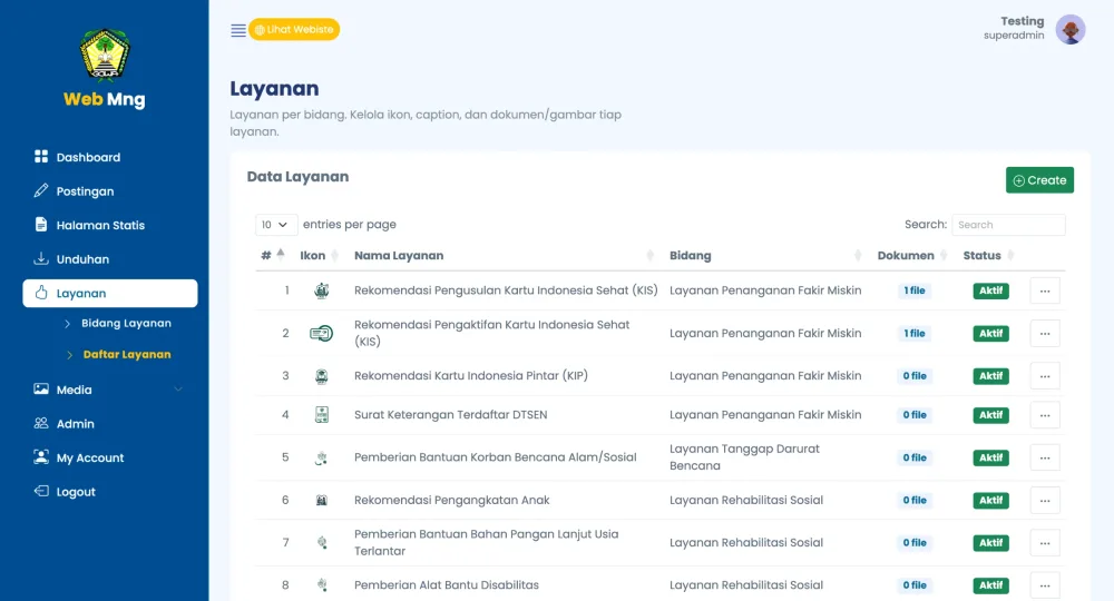 Halaman layanan - daftar bidang dan detail persyaratan